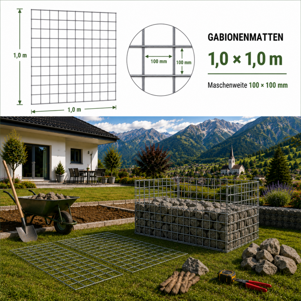 Gabionové sítě 1,0 x 1,0 m — robuste verzinkte Matte für Gabionywände