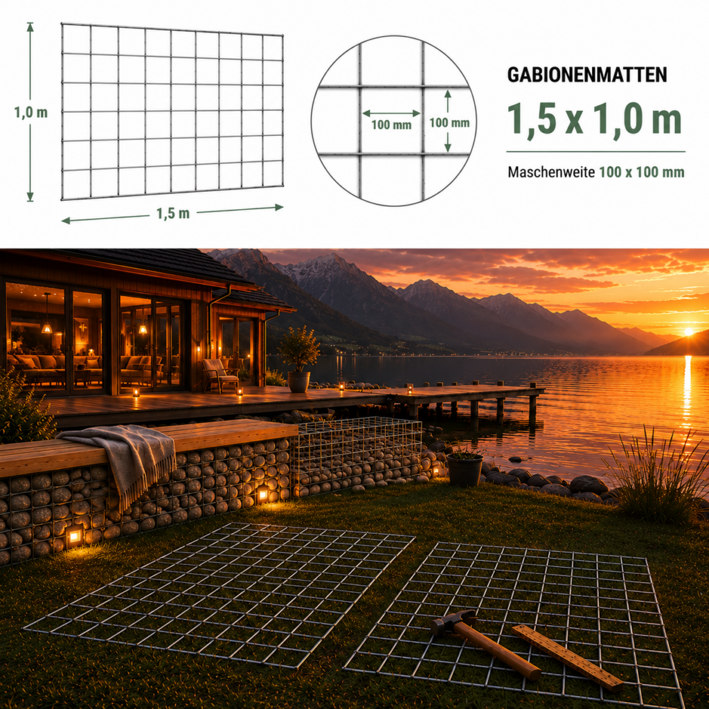 Gabionové sítě 1,5 x 1,0 m — robuste verzinkte Matte für Sichtschutz und Gabiony
