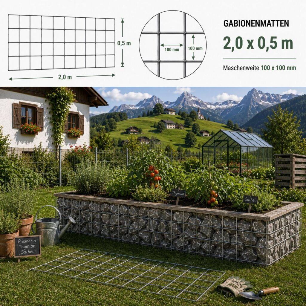 Gabionové sítě 2,0 x 0,5 m — robuste verzinkte Matte für lange Gabionylinien