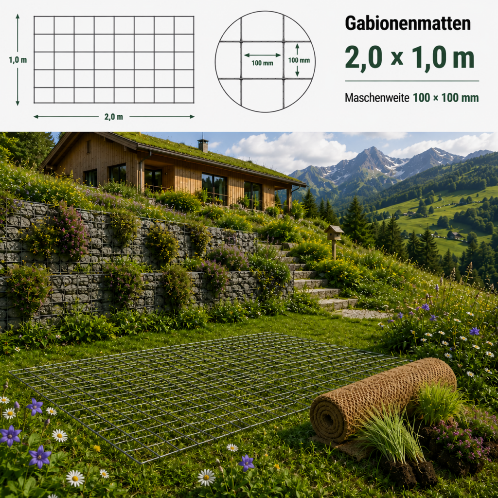 Gabionové sítě 2,0 x 1,0 m — verzinkte Doppelstabmatte, Velikost oka 100 x 100 mm