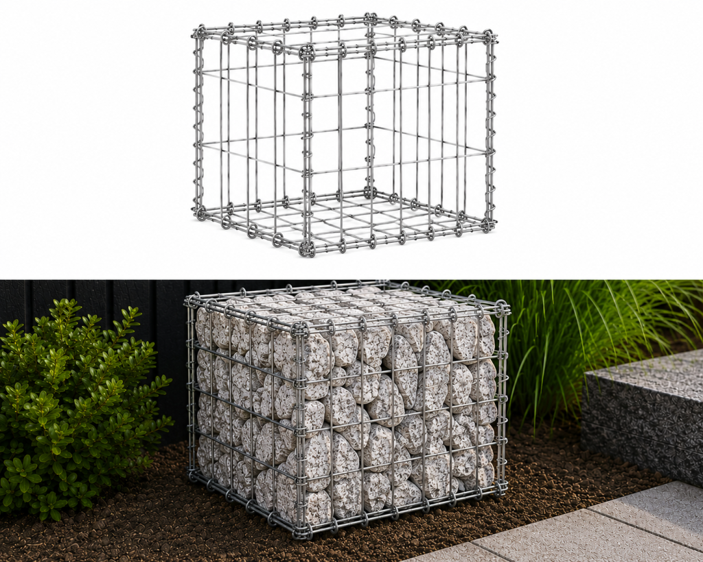 Gabionykorb 0,5 x 0,5 x 0,5 m Vertikal — verzinkter Gabionykorb mit Masche 50 x 100 mm